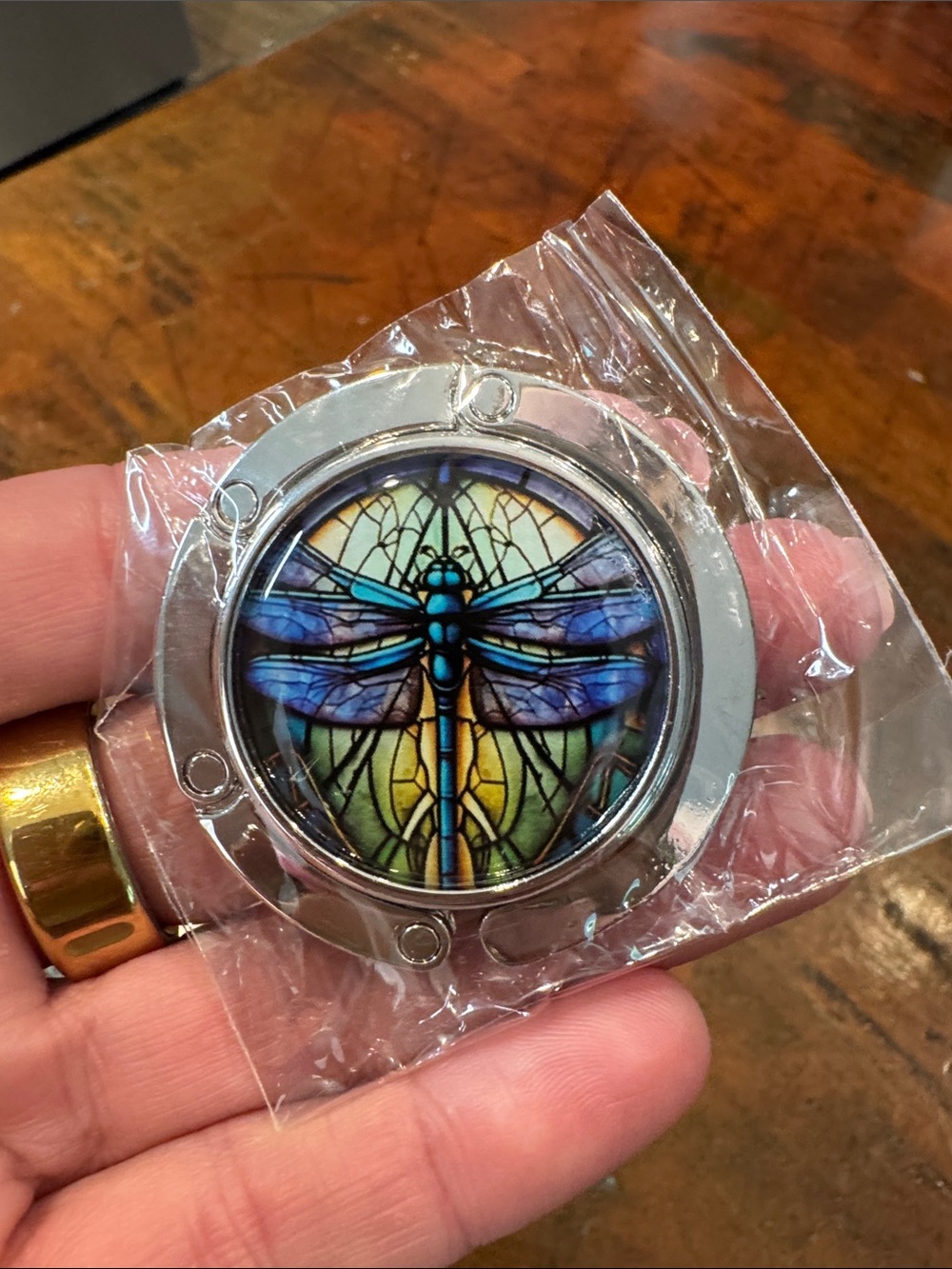 Dragonfly Stained Glass Purse Hook - Blue & Green Accent
